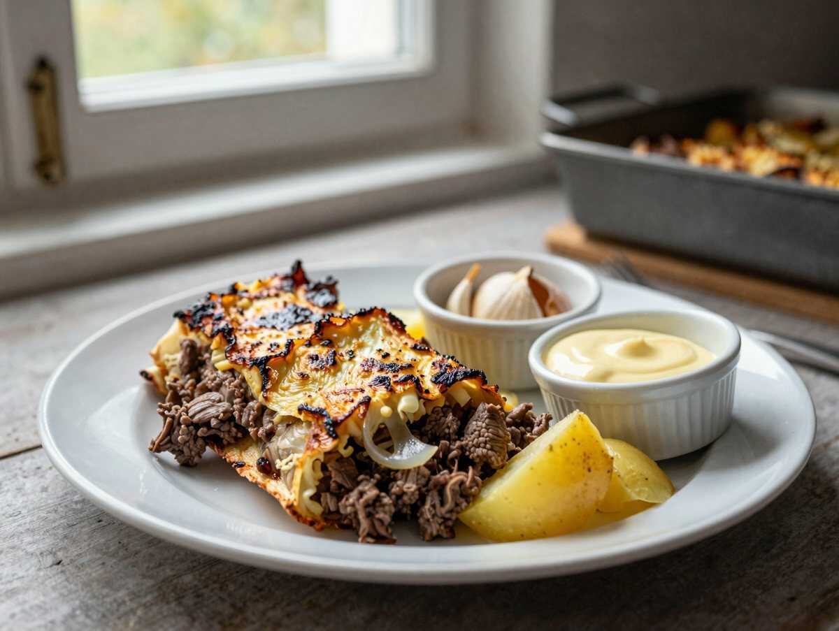 Gyrosauflauf mit Knoblauch und 2 Becher Sauce Hollandaise – während der Zubereitung
