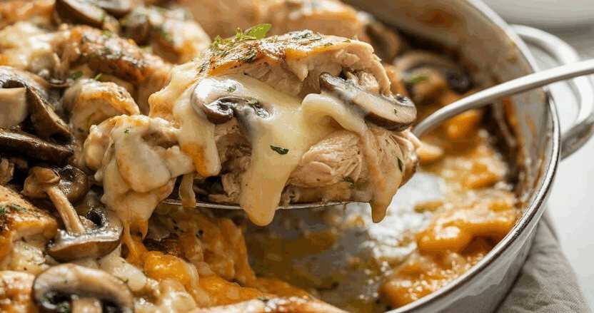 Hähnchen Pilzpfanne in 15 Minuten mit 150 g Champignons – so sieht es fertig aus