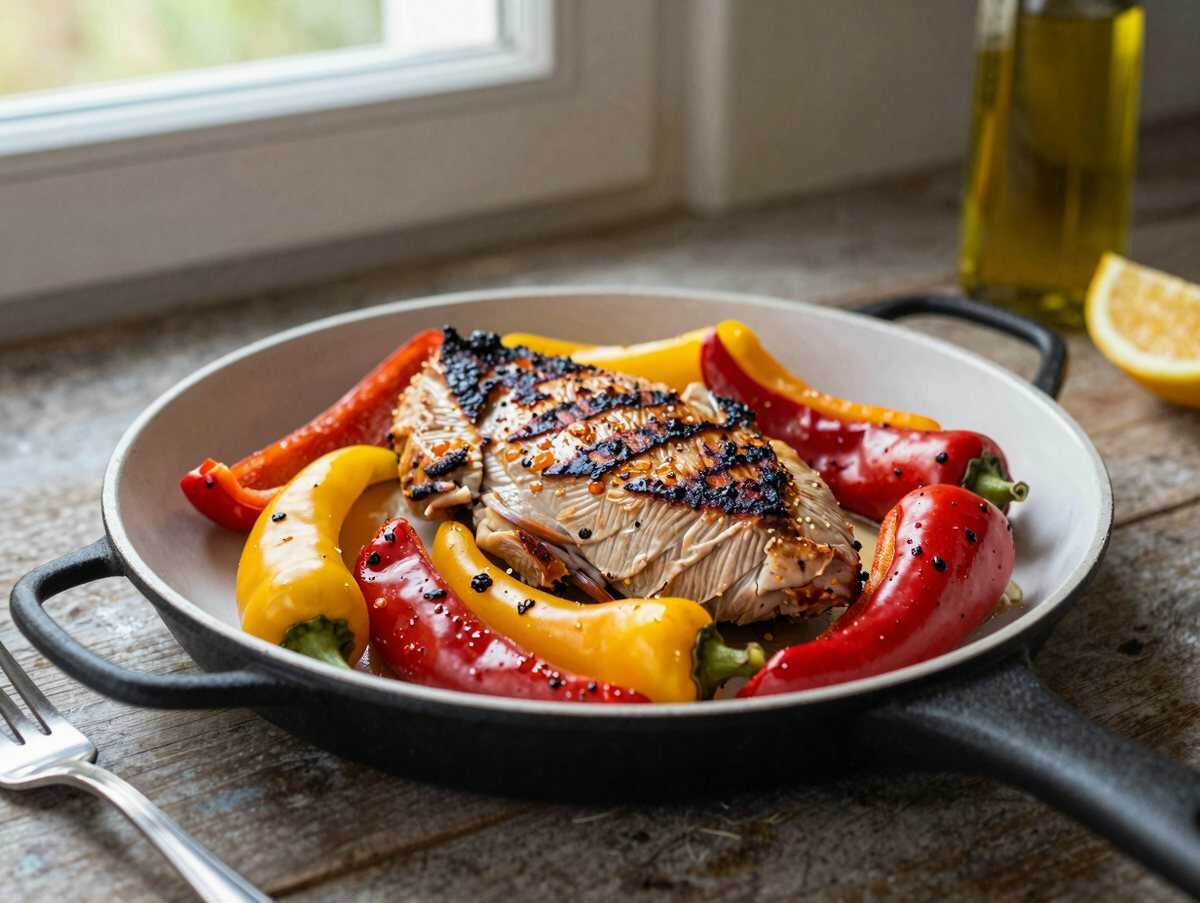 Hähnchen-Spieße mit Paprika aus der Heißluftfritteuse – während der Zubereitung