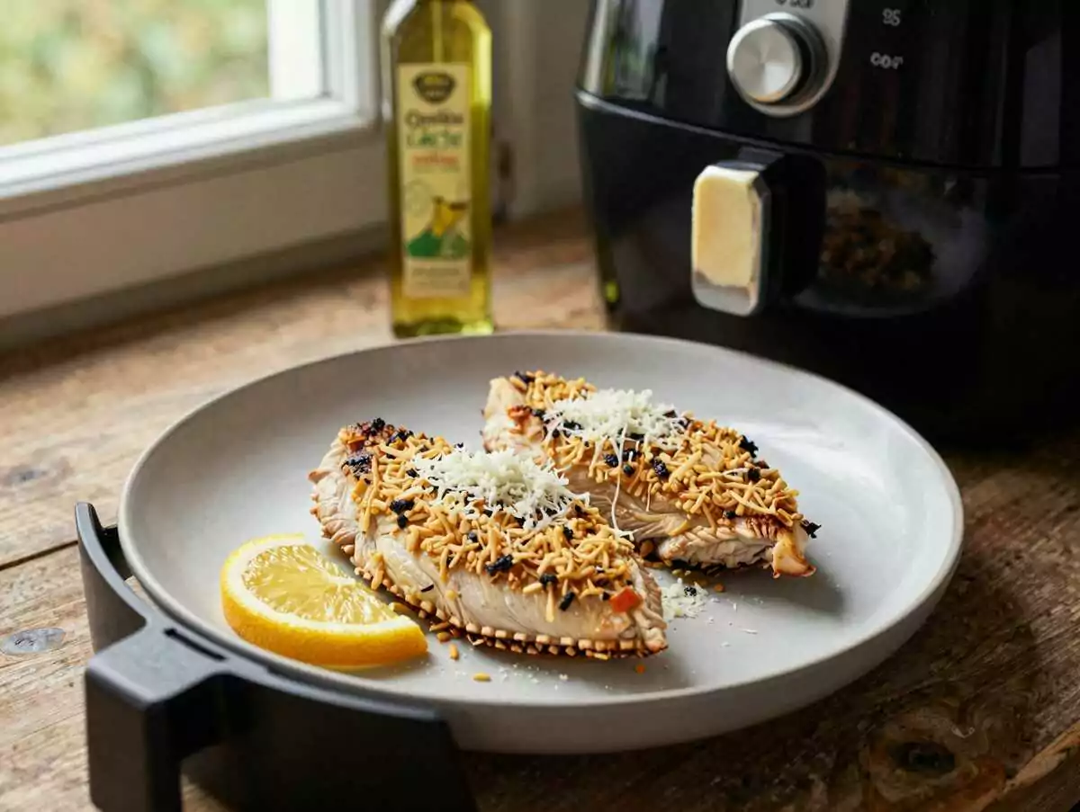 Hähnchenfilet im Airfryer mit Zitronen-Pfeffer-Kruste – während der Zubereitung