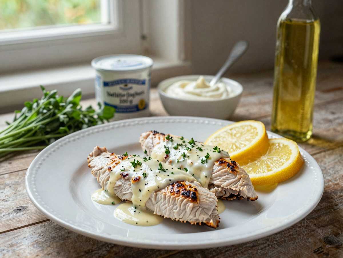 Hähnchensalat mit Joghurt-Kräuter-Dressing – während der Zubereitung