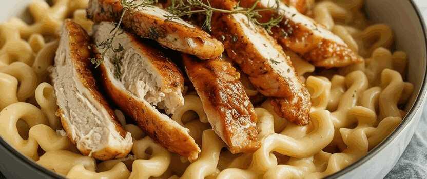 Hähnchenstreifen mit 250g Nudeln in Sahnesauce – so sieht es fertig aus