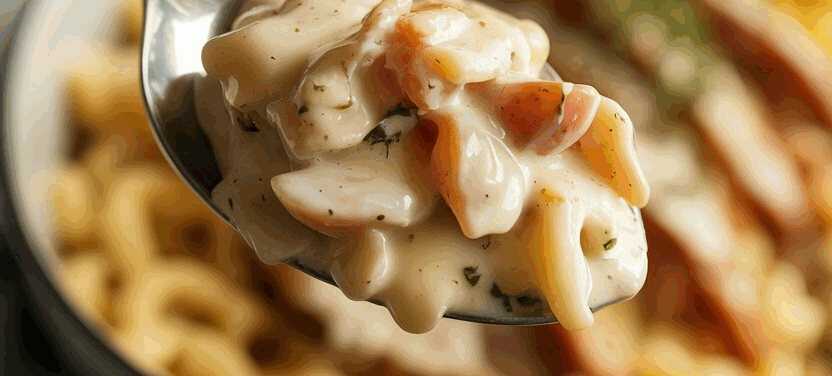 Hähnchenstreifen mit 250g Nudeln in Sahnesauce