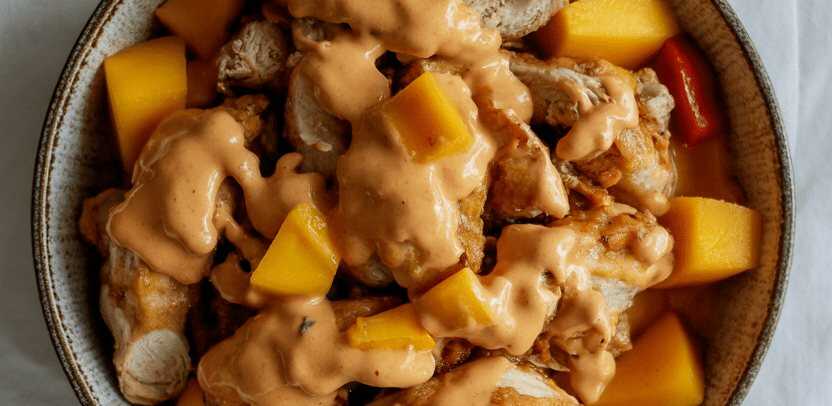 Hähnchenstreifen mit Mango-Chili-Sauce aus dem Airfryer – so sieht es fertig aus