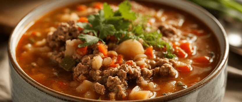 Hamburger Suppe mit 500g Hackfleisch macht lange satt, schnell zubereitet! – so sieht es fertig aus