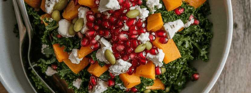 Herbstlicher Erntesalat mit Grünkohl, geröstetem Kürbis, Granatapfel & Ziegenkäse – so sieht es fertig aus