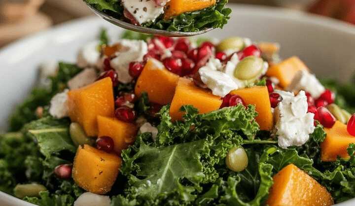 Herbstlicher Erntesalat mit Grünkohl, geröstetem Kürbis, Granatapfel & Ziegenkäse