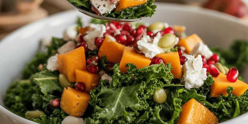 Herbstlicher Erntesalat mit Grünkohl, geröstetem Kürbis, Granatapfel & Ziegenkäse