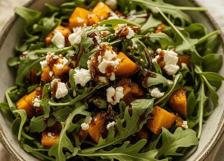 Herbstlicher Rucola-Salat mit geröstetem Kürbis und Feta