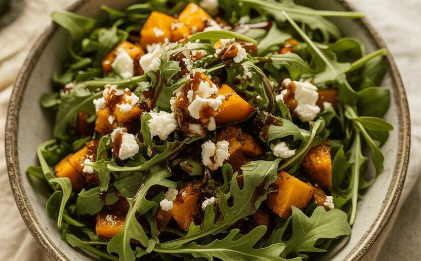 Herbstlicher Rucola-Salat mit geröstetem Kürbis und Feta