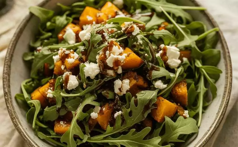Herbstlicher Rucola-Salat mit geröstetem Kürbis und Feta