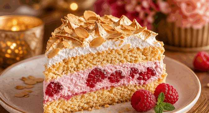 Himmlischer Mandelkuchen mit Baiser und zarter Himbeersahne – Ein Stück Genuss! – so sieht es fertig aus