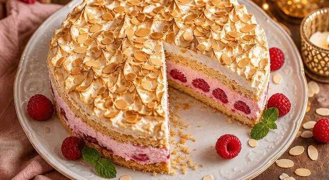 Himmlischer Mandelkuchen mit Baiser und zarter Himbeersahne – Ein Stück Genuss!