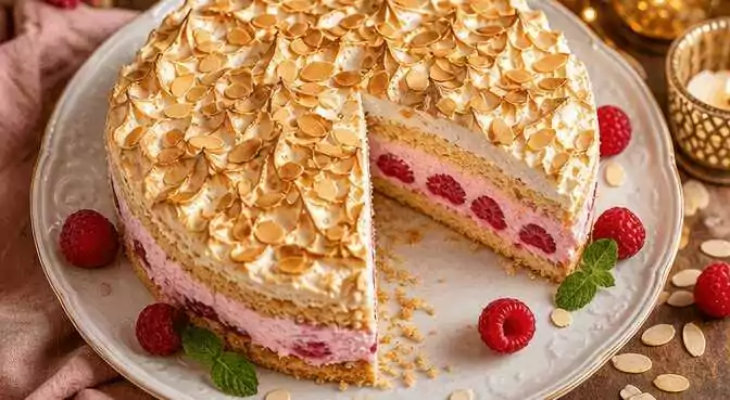 Mandelkuchen mit Baiser und zarter Himbeersahne – Ein Stück Genuss