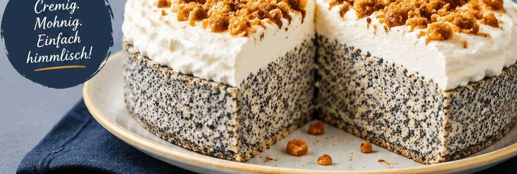Mohnkuchen ohne Boden mit Paradiescreme und Haselnusskrokant