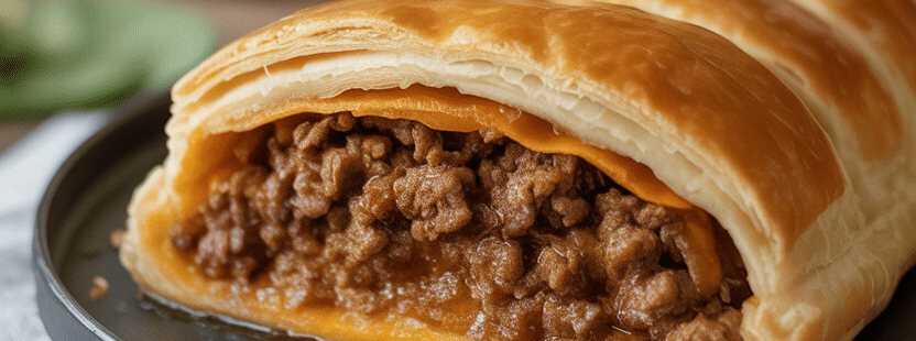 Ich nehme 1 Rolle Blätterteig mit 400 gr Rinderhack einfach köstlich – so sieht es fertig aus