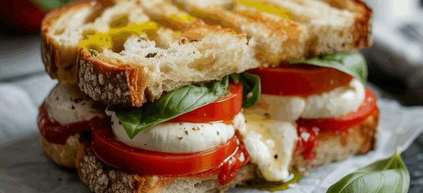 Ich nehme Toastbrot, Tomaten und 2 Kugeln Mozzarella – so sieht es fertig aus