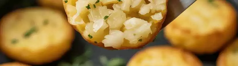 Ich vermische 1 kg Kartoffeln mit 1 Zwiebel fur Karrtoffelfrikadellen – so sieht es fertig aus