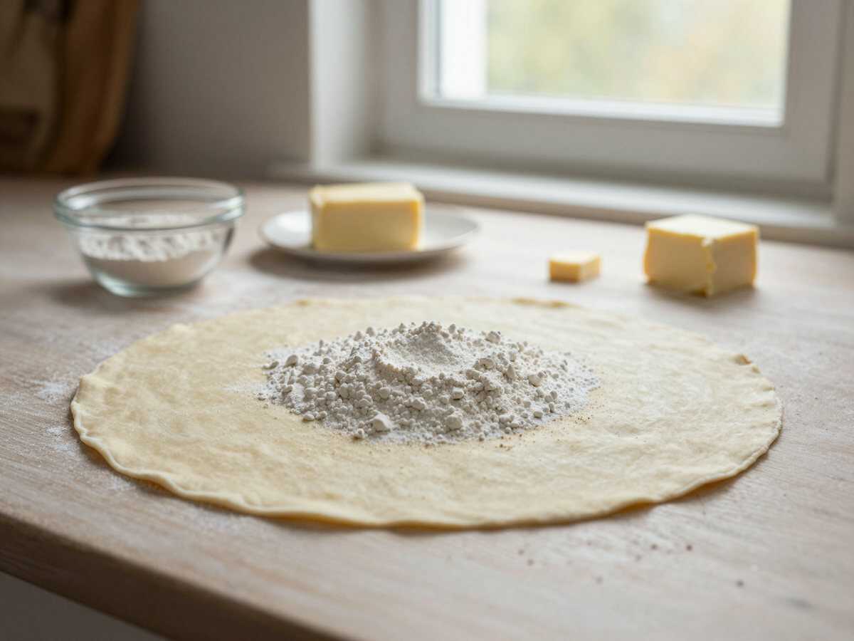 Ich vermische 400 g Mehl mit 250 g Butter für die Traumstücke – während der Zubereitung