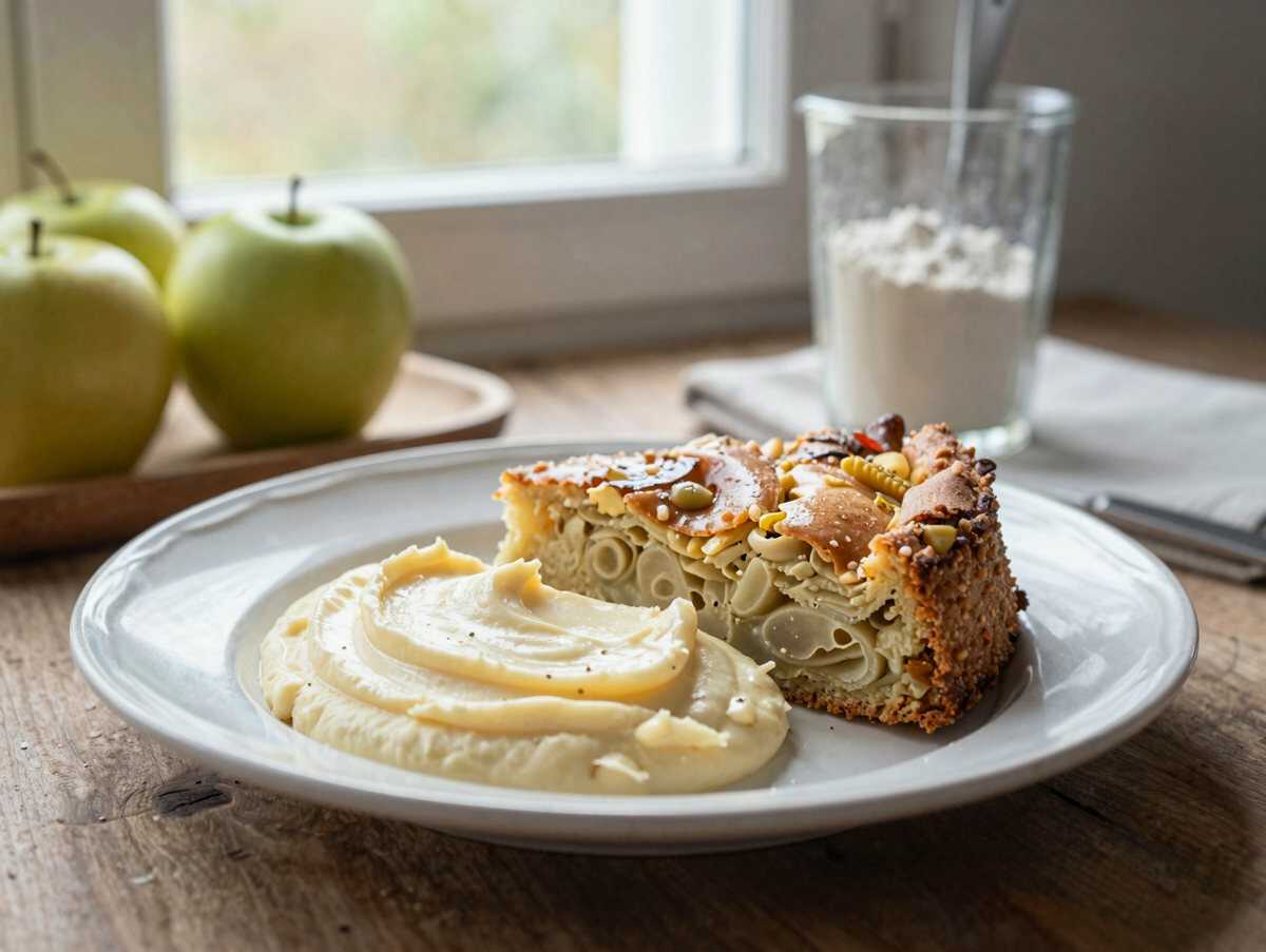 Ich verrühre 250g Schmand und 3 Äpfel, Weihnachts Apfelkuchen – während der Zubereitung