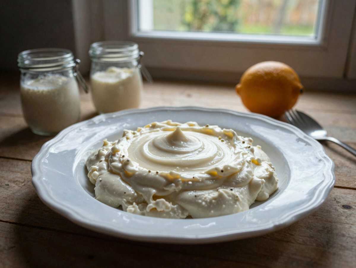 Ich verrühre 400 g Magerquark mit 250 g Sahne fur Schneegestöber – während der Zubereitung