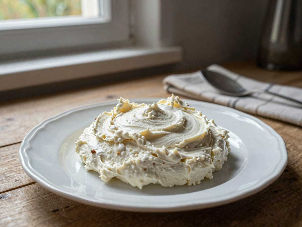 Ich verrühre 400 g Quark mit 250 g Sahne fur Schneegestöber – während der Zubereitung