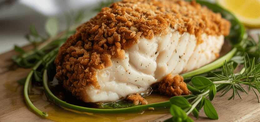 Kabeljaufilet mit Mandelkruste aus der Heißluftfritteuse – so sieht es fertig aus