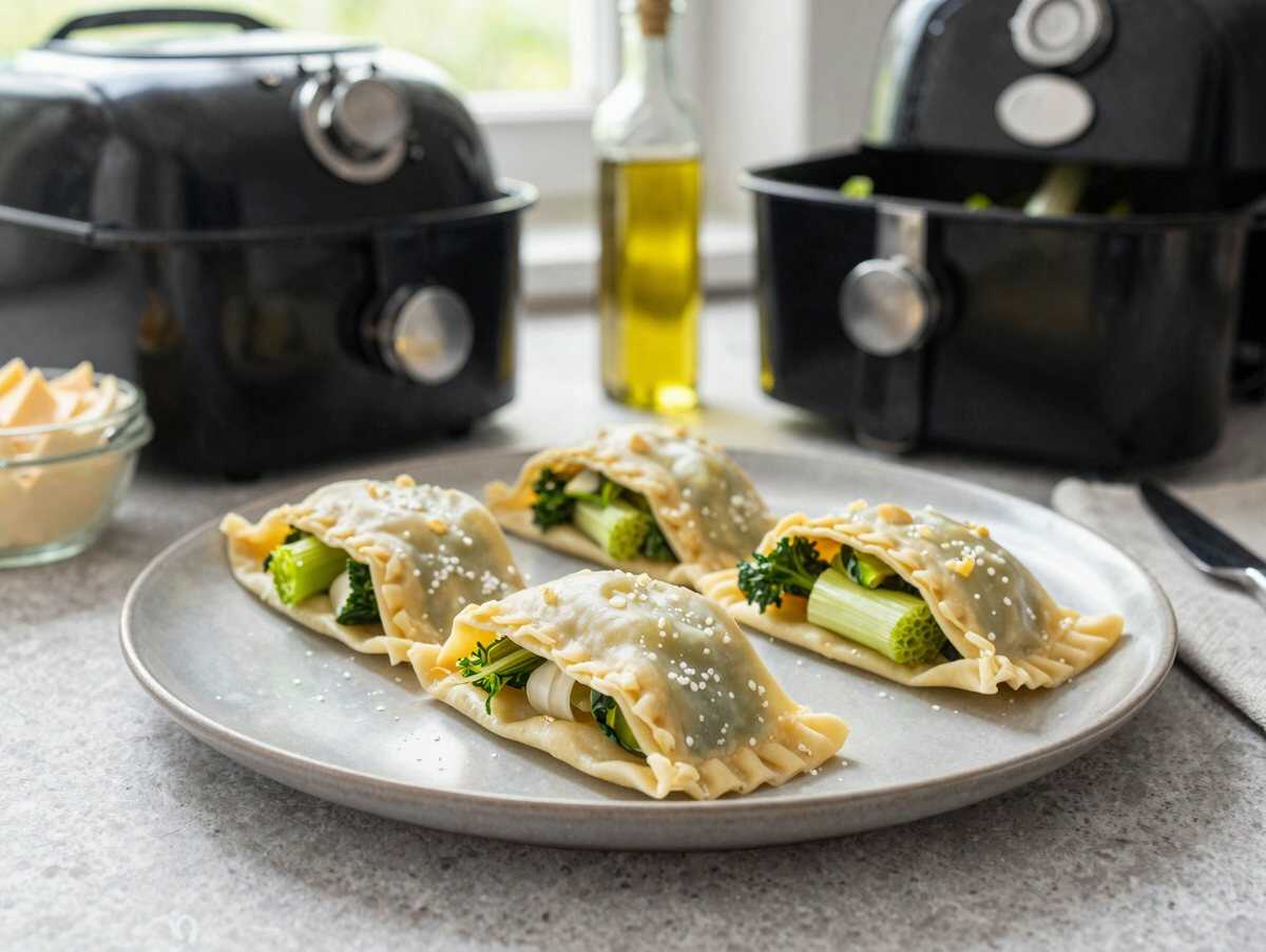 Käse-Lauch-Taschen aus dem Airfryer – das schnelle Abendessen für stressige Tage – während der Zubereitung