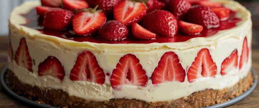 Käsekuchen ohne Backen mit 600 g Erdbeeren – so sieht es fertig aus