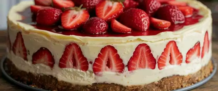 Käsekuchen ohne Backen mit 600 g Erdbeeren – so sieht es fertig aus