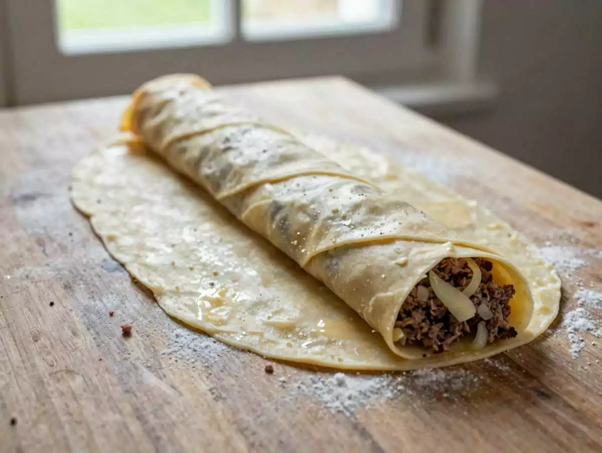Käserolle mit 400 gr Rinderhack & 1 Rolle Blätterteig – während der Zubereitung