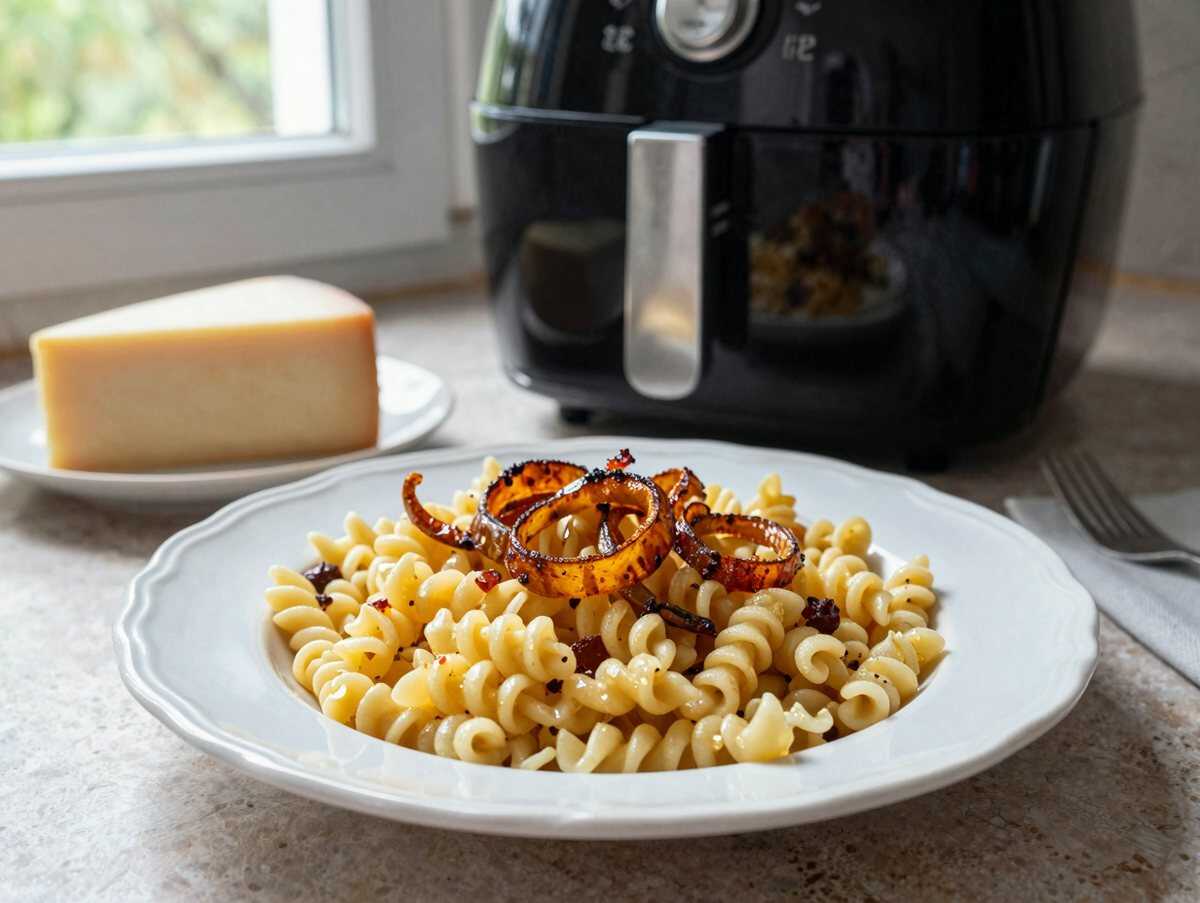 Käsespätzle mit Röstzwiebeln aus dem Airfryer – in nur 15 Minuten auf dem Tisch – während der Zubereitung