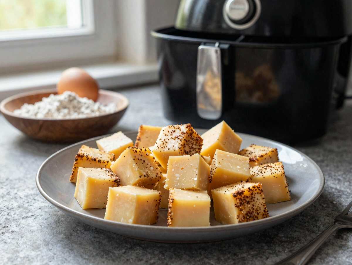 Käsewürfel paniert aus dem Airfryer: außen knusprig, innen zart – während der Zubereitung