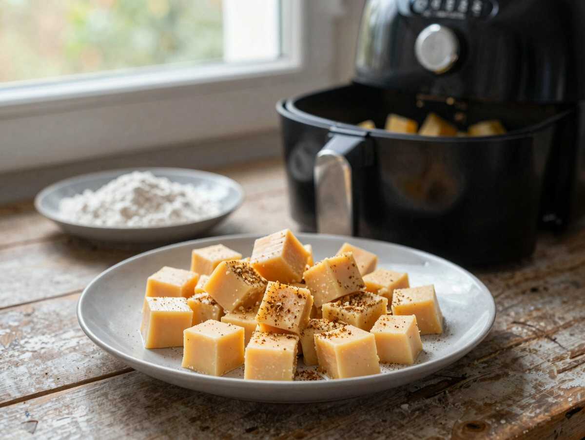 Käsewürfel paniert aus dem Airfryer – Kinder lieben dieses Rezept – während der Zubereitung
