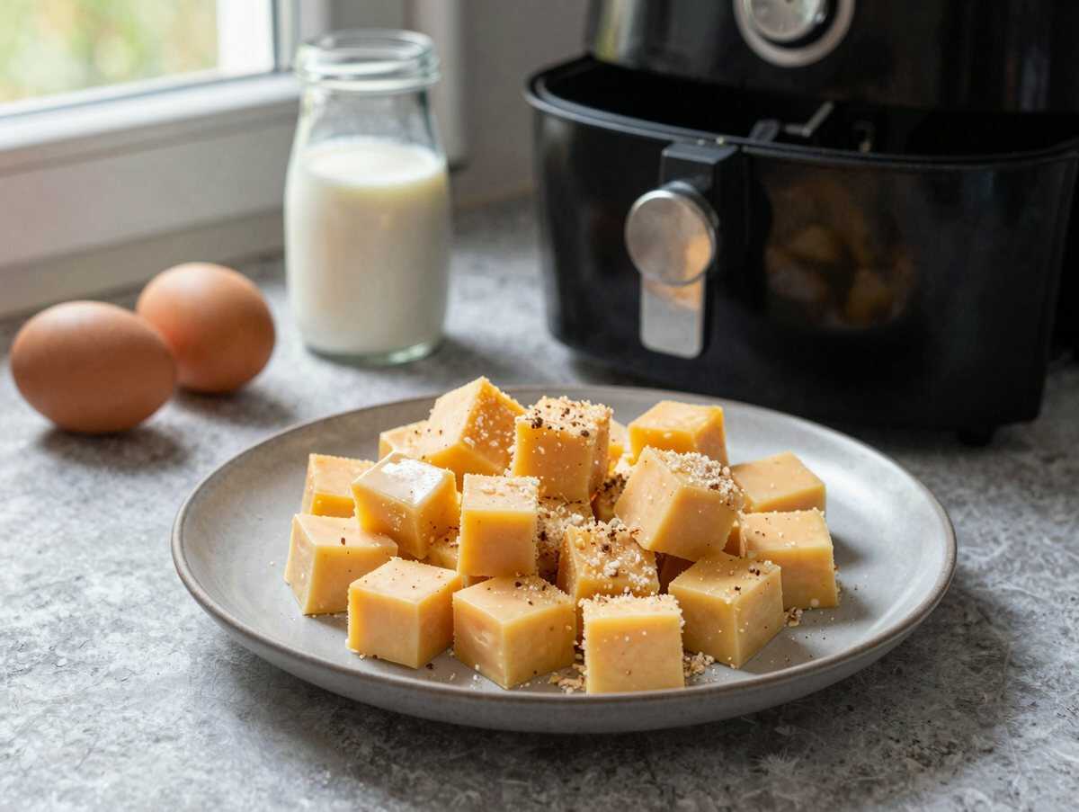 Käsewürfel paniert aus dem Airfryer – perfekt fürs Meal Prep am Sonntag – während der Zubereitung