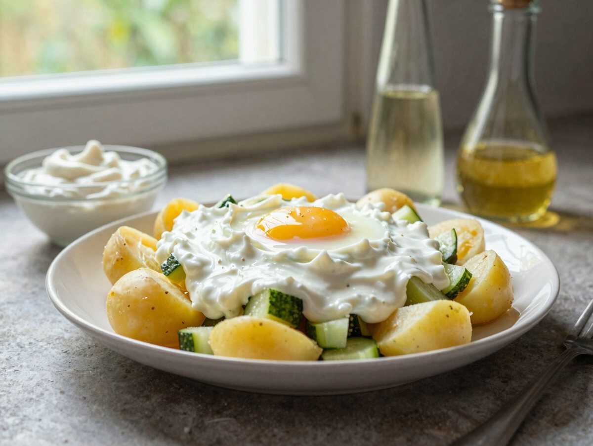 Kartoffel-Eier-Salat cremig – so günstig kann lecker sein – während der Zubereitung