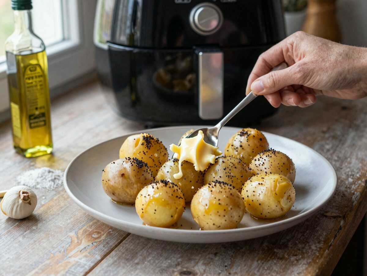 Kartoffel-Fächer mit Kräuterbutter aus dem Airfryer – während der Zubereitung