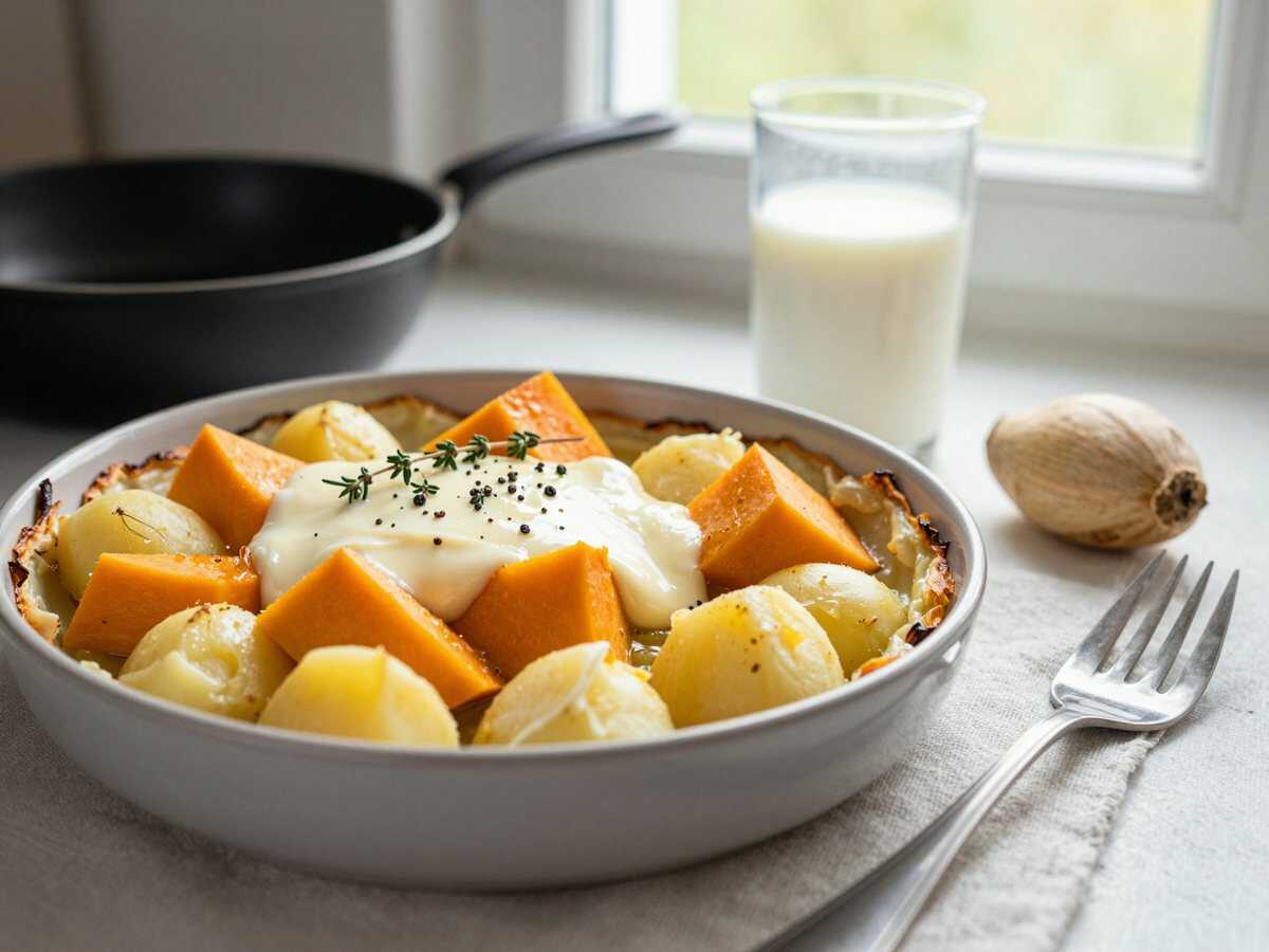 Kartoffel-Kürbis-Gratin – in 20 Minuten auf dem Tisch – während der Zubereitung