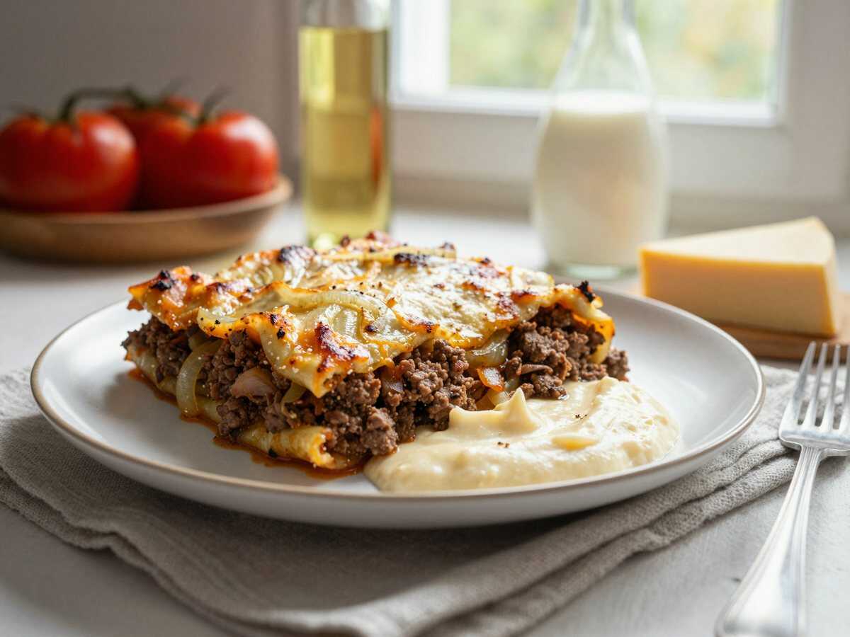 Kartoffel-Lasagne mit Hackfleischsoße – perfekt fürs Meal Prep am Sonntag – während der Zubereitung