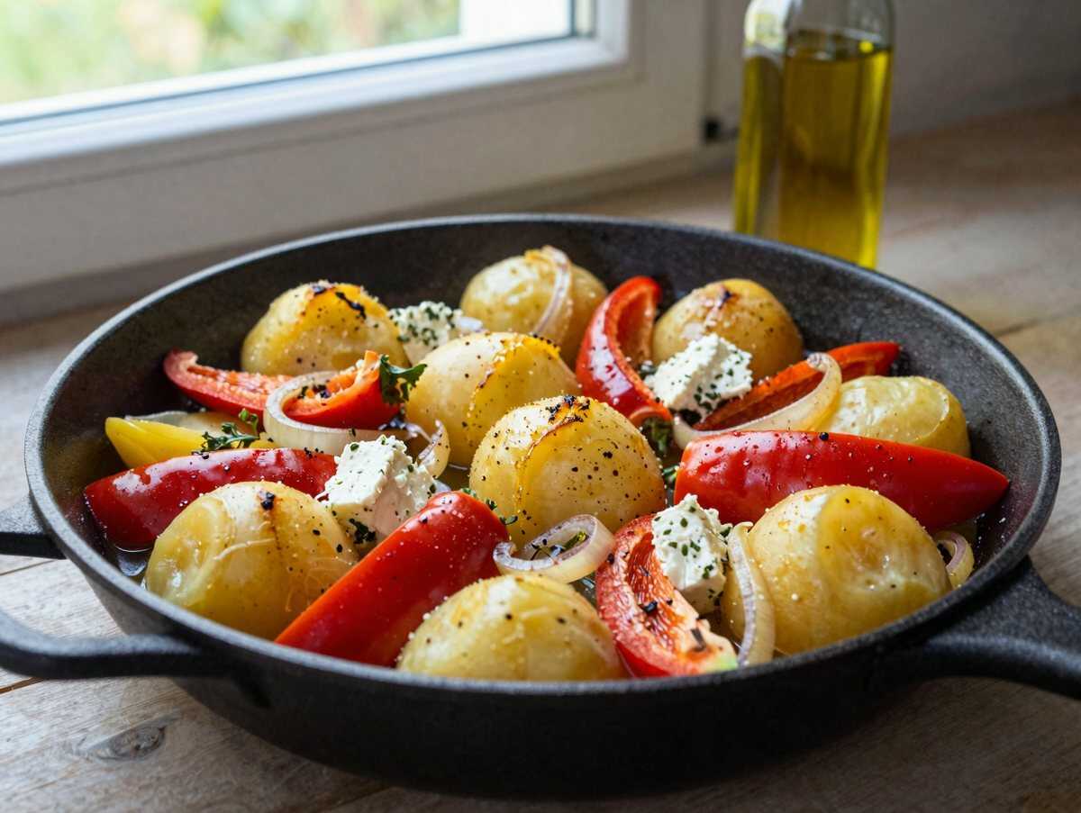 Kartoffel-Paprika-Pfanne mit Feta – mit Zutaten, die du sowieso zu Hause hast – während der Zubereitung