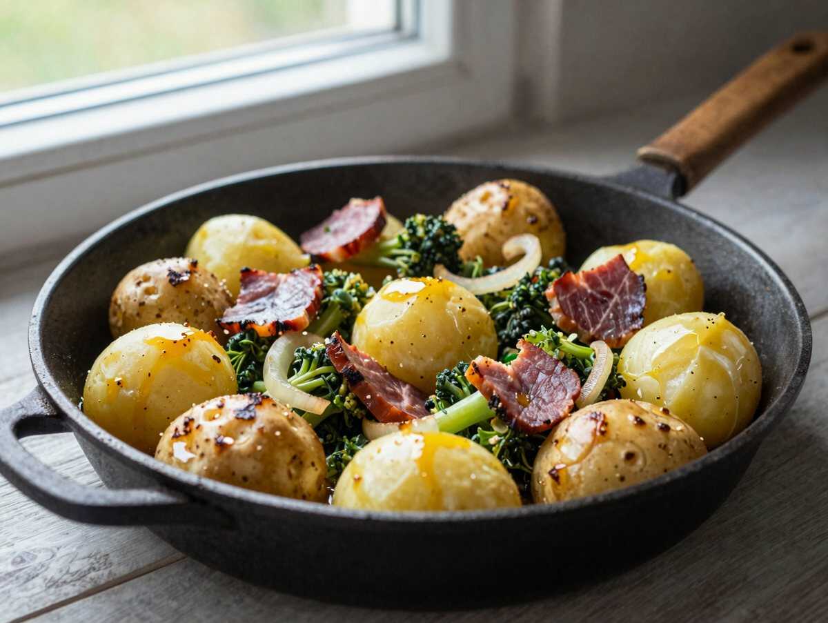 Kartoffel-Rosenkohl-Pfanne mit Speck: schmeckt nach Sonntag bei Oma – während der Zubereitung