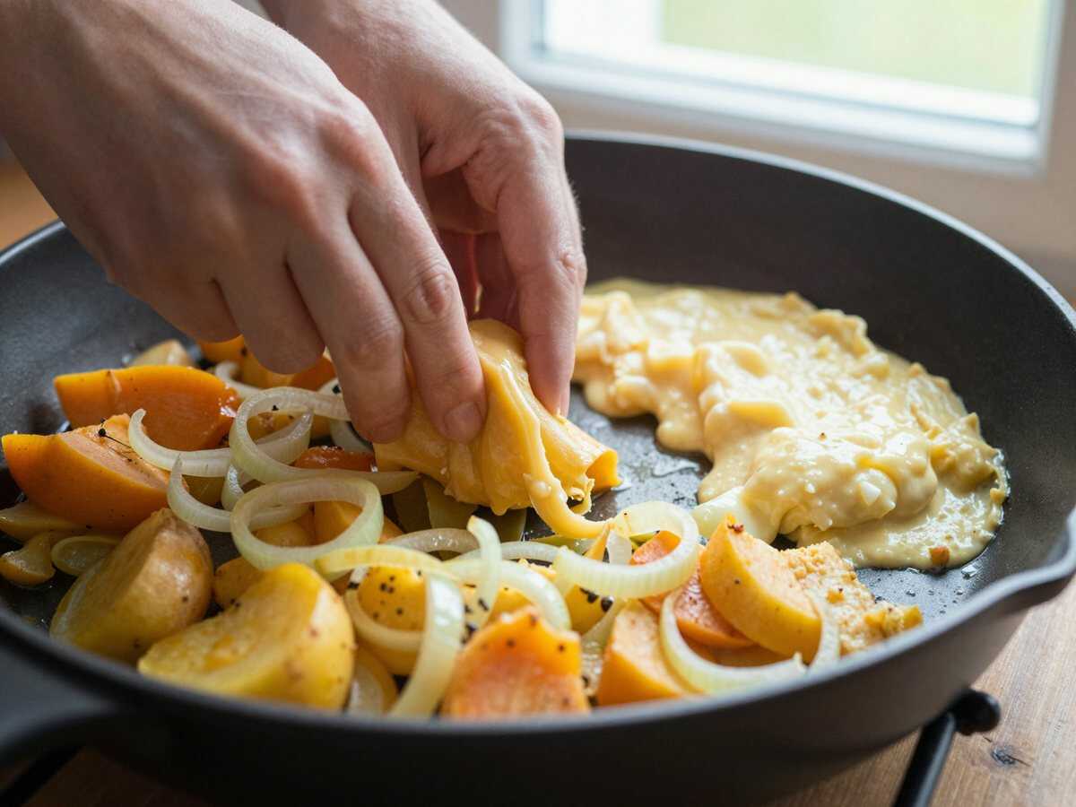 Kartoffel-Süßkartoffel-Rösti zweifarbig – das Soulfood für kalte Tage – während der Zubereitung