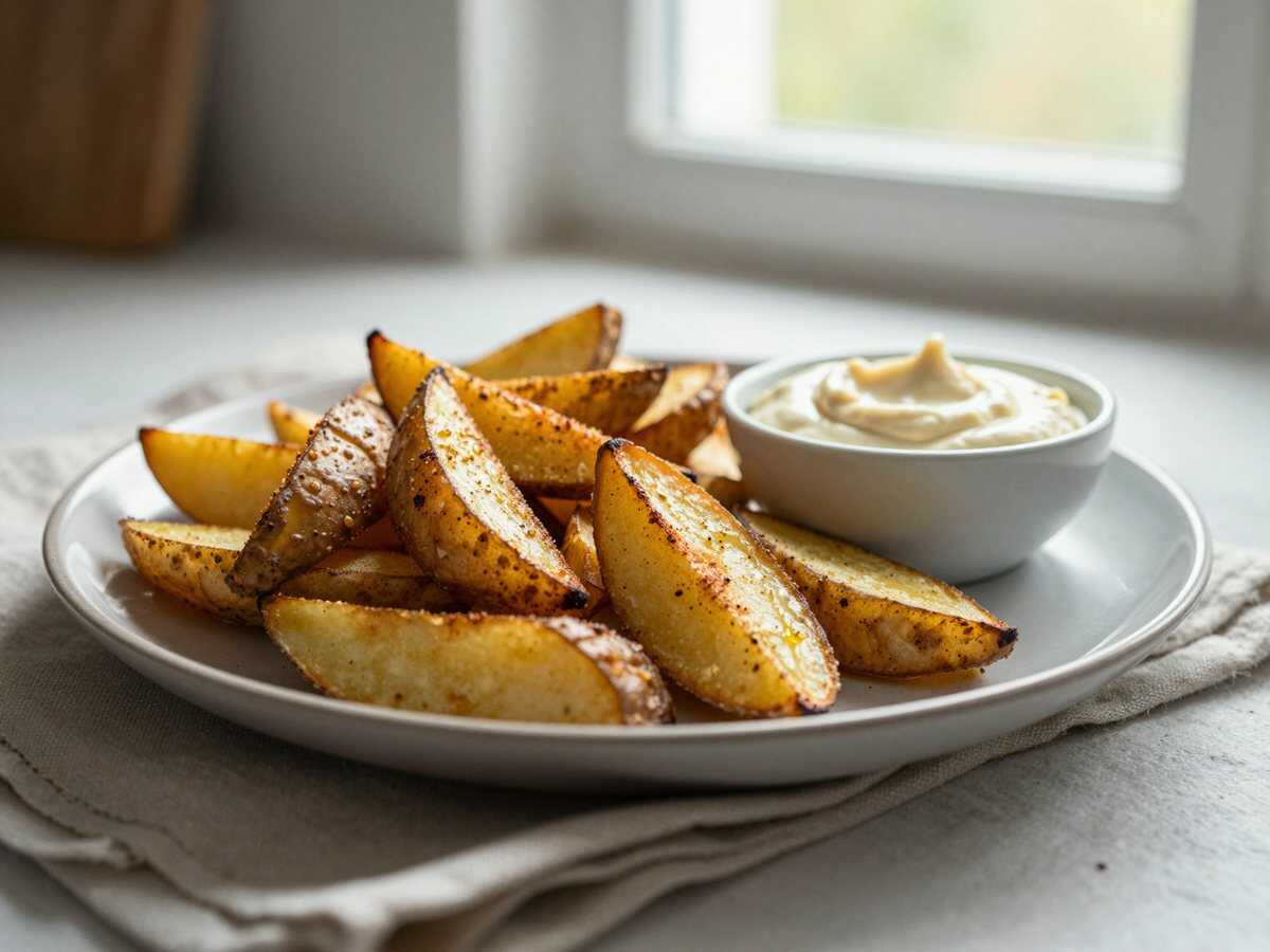 Kartoffel-Wedges mit Käse-Dip aus dem Ofen – knuspriger geht's nicht – während der Zubereitung