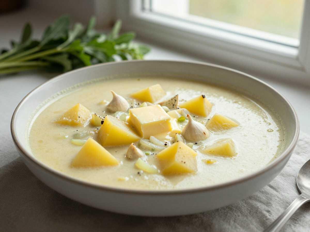 Kartoffel-Zwiebel-Suppe mit Käse überbacken – deftig, ehrlich und richtig gut – während der Zubereitung