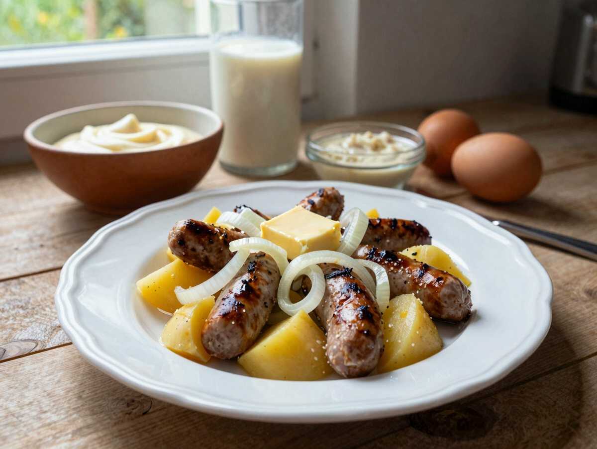 Kartoffelauflauf mit Würstchen für Kinder – die ganze Familie ist begeistert – während der Zubereitung