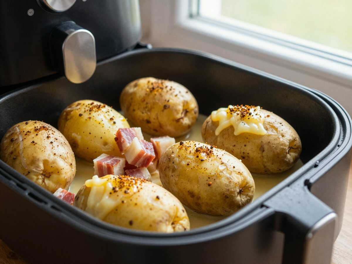 Kartoffelhälften mit Speck und Käse aus dem Airfryer – besser als vom Imbiss – während der Zubereitung