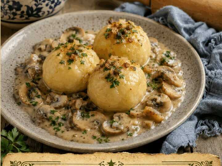 Kartoffelknödel mit Pilzrahmsoße, perfekt für den schnellen Feierabend