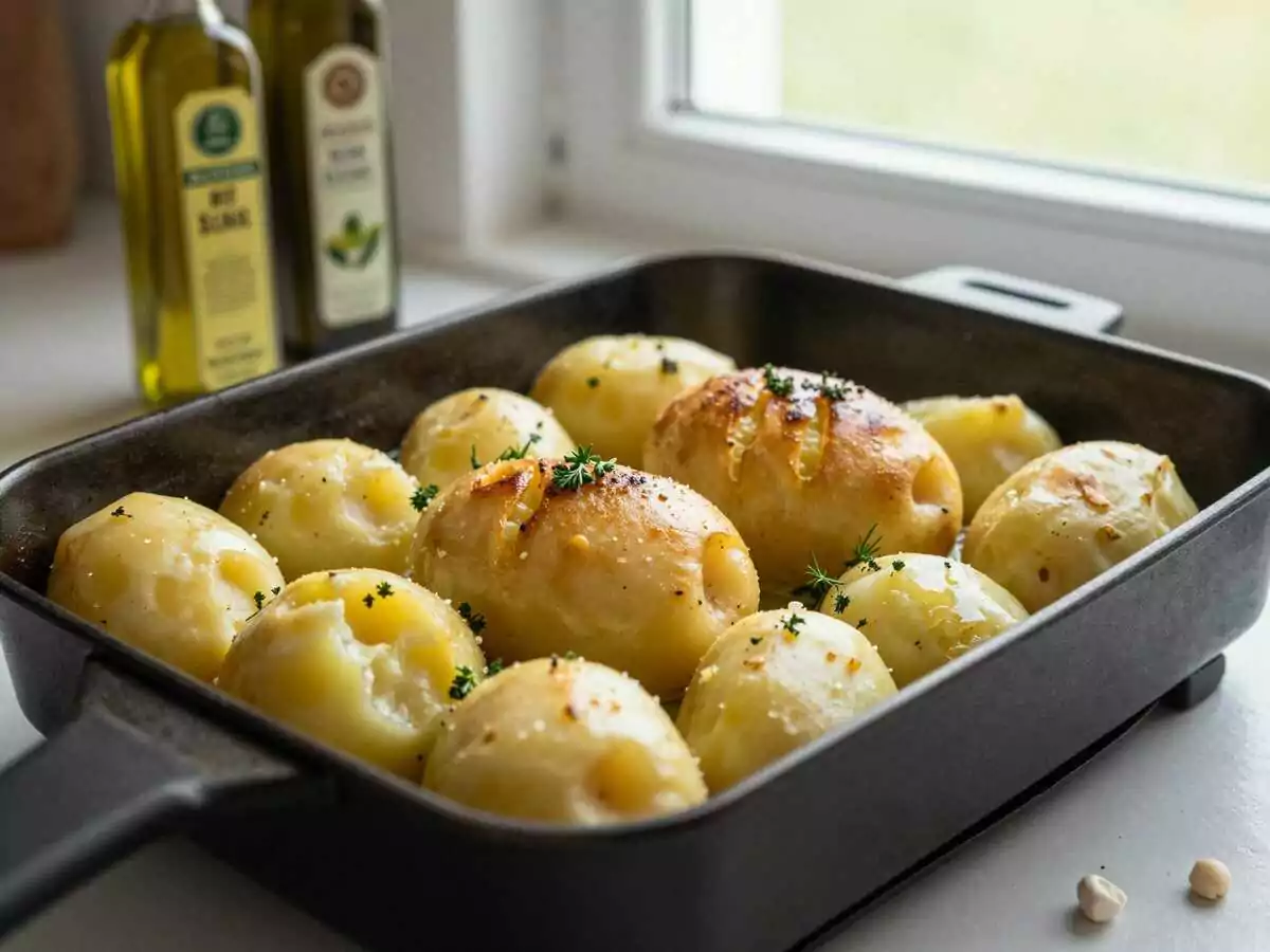 Kartoffeln mit Schale und Kräuteröl aus der Heißluftfritteuse – während der Zubereitung
