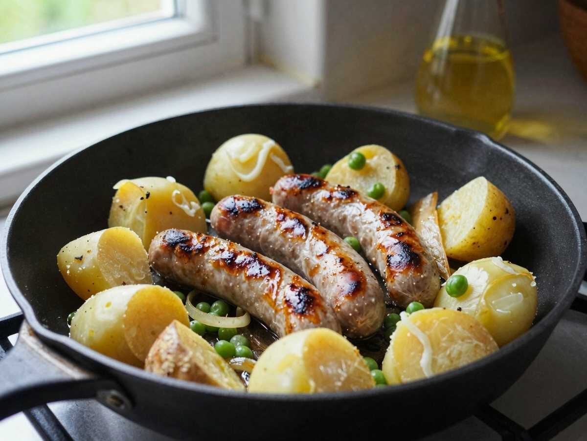 Kartoffelpfanne mit Würstchen für Kinder: das Lieblingsrezept der ganzen Familie – während der Zubereitung
