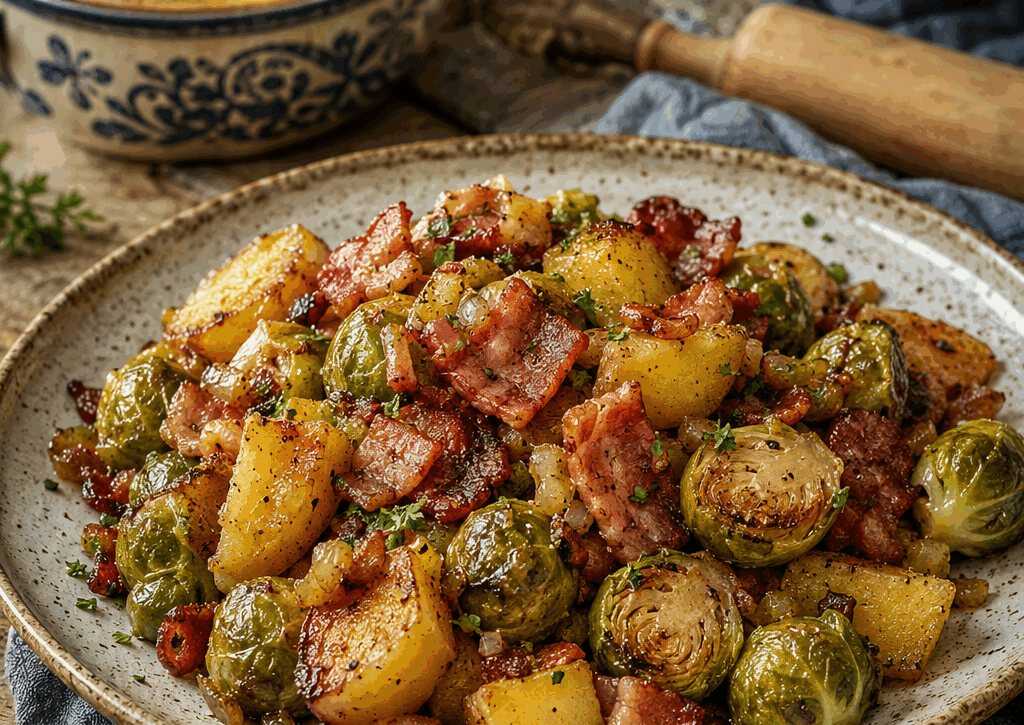 Kartoffel-Rosenkohl-Pfanne mit Speck